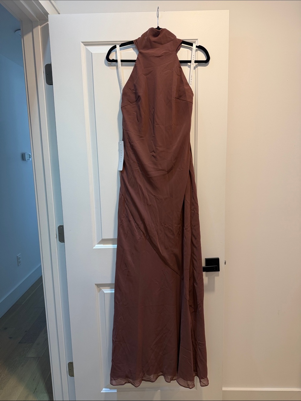 Azazie Chiffon Sleeveless High-Neck Maxi Dress in Espresso - Picture 2 of 5